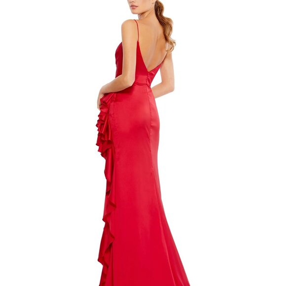 NWT | Mac Duggal 67815 Red Satin Ruffled Asymmetrical Gown Size 8 - Picture 2 of 5
